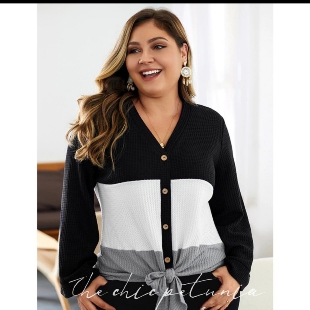 Plus size color block waffle top bell sleeves